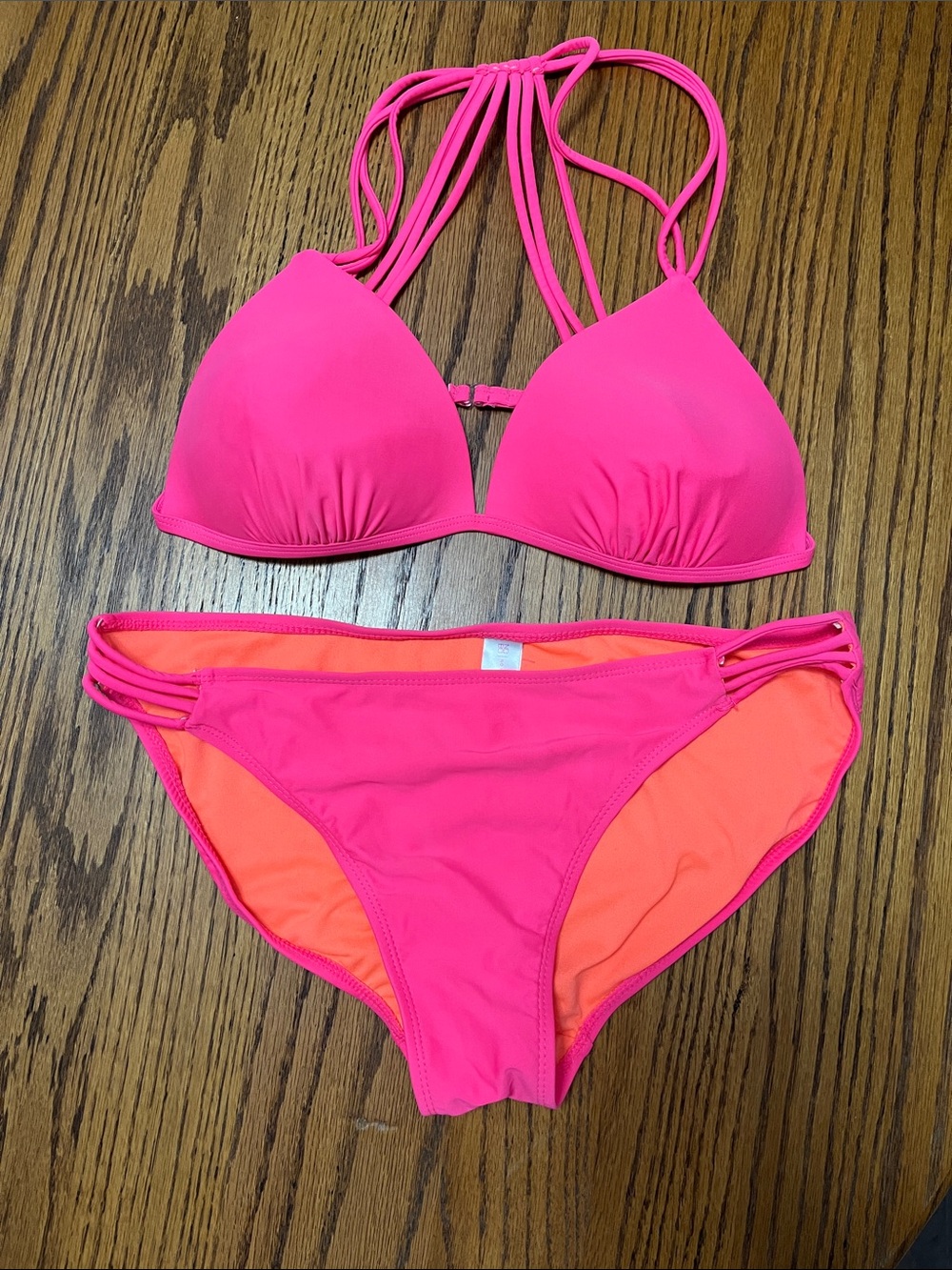 No Boundaries Neon Pink and Orange Strappy Bikini Set